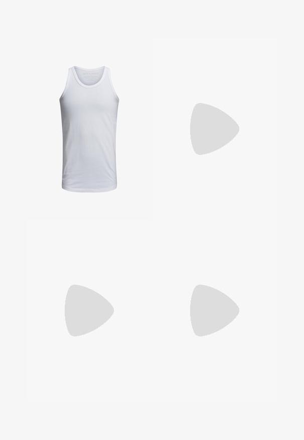 White cotton tank top with a crew neckline, wide shoulder straps, and minimal branding printed inside the collar. Soft texture, casual fit.; Black denim jeans with a straight-leg cut, five pockets, metal hardware, and copper rivets, featuring a soft texture and subtle fading.; Black suede sneakers with three white stripes, textured brown rubber sole, and black laces. Inner lining features a logo pattern.; Gold-tone metal chain bracelet with a smooth, glossy finish. Features a rectangular clasp engraved with the word "BOSS."