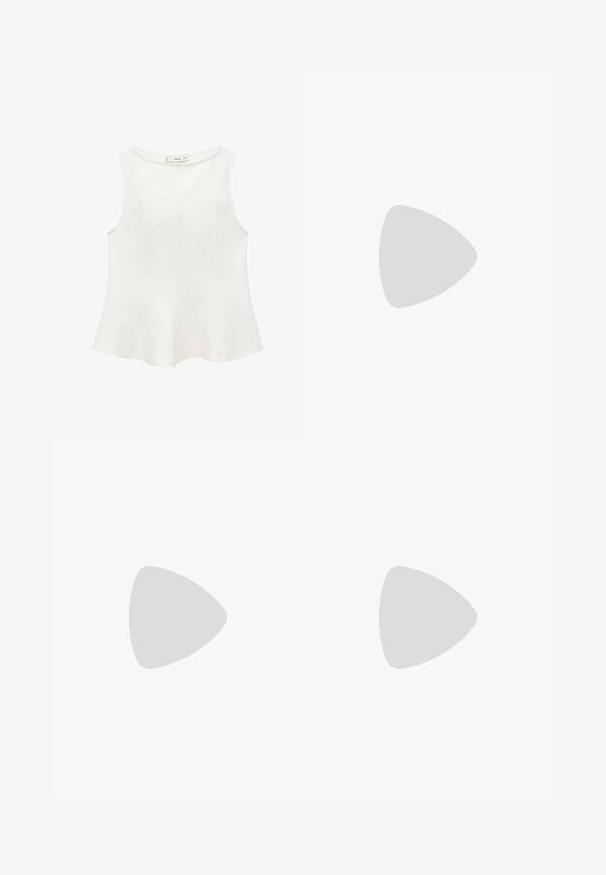 Top bianco senza maniche con scollatura rotonda, orlo a campana e cuciture verticali sottili. Realizzato in materiale leggero e liscio.; Pantaloni bianchi a gamba larga con vita alta, dotati di due tasche frontali e realizzati in un tessuto morbido e liscio. Design pulito e sartoriale con pieghe sottili.; Tacchi slingback in pelle nera con punta affusolata, sottile cinturino alla caviglia e tacco a spillo. Presenta un dettaglio annodato sulla tomaia.; Borsa in pelle color crema con manico superiore e chiusura rettangolare in tonalità dorata su uno sfondo chiaro e semplice.