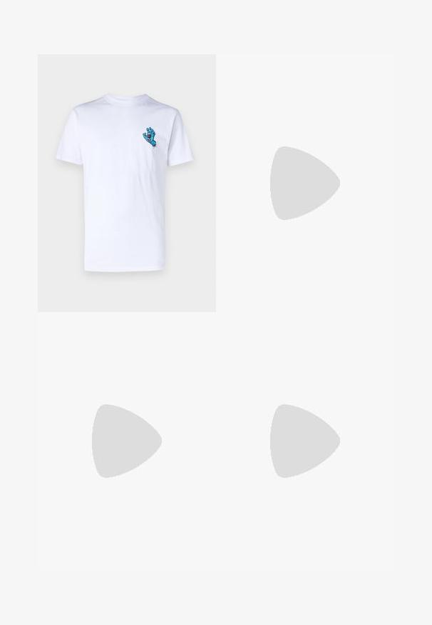 Witte katoenen T-shirt met een blauwe monsterhand graphic op de linkerkant van de borst. Eenvoudig ronde hals ontwerp met korte mouwen.; Groene wijde tuinbroek gemaakt van textuurstof, met verstelbare banden en voorzakken met messingkleurige knopen.; Beige canvas lage sneakers met groene accenten, witte rubberen zool en gestreepte veters. Beschikt over een zijstreepdesign.; Schildpadmotief zonnebril met donkere lenzen; rechthoekige vorm, dikke montuur en gedetailleerde pootjes met een logo-accent.