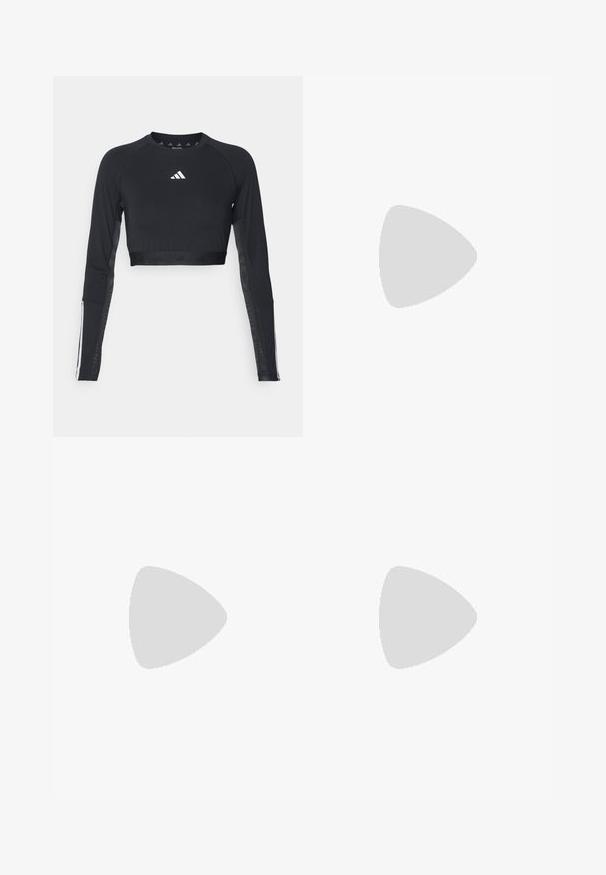 Černý zkrácený top s dlouhým rukávem na cvičení vyrobený z hladké tkaniny. Má bílou značku na hrudi a pruhované detaily na rukávech.; Girlfriend Collective LEGGING LONG - Punčochy - cosmos; Bílé sportovní boty s vrškem ze síťoviny, třemi černými pruhy po stranách, texturovanými akcenty a odolnou gumovou podrážkou s kontrastní černou částí.; Černé sluneční brýle ve čtverečném tvaru s tmavými skly a lesklými černými stranami. Na boku se nachází zlatý kulatý akcent. Celkově mají hladkou texturu.