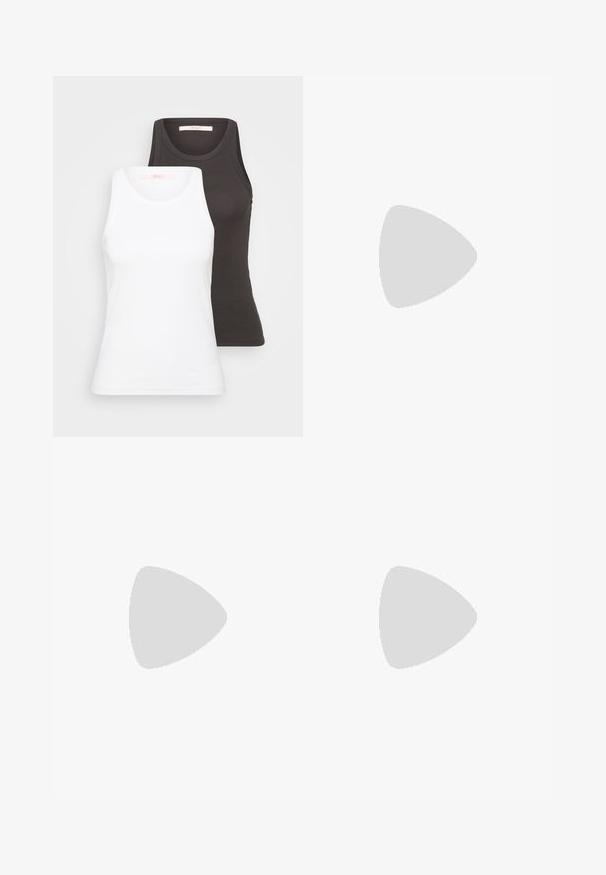 Two tank tops in white and dark gray, featuring a ribbed texture, round necklines, and sleeveless design. Labels are on the inside neckline.; White fitted pants made from a stretchy cotton blend, featuring a smooth texture and seamless design. No visible hardware or patterns.; Leopard print slingback pump with a pointed toe and transparent block heel. Made of glossy material with a smooth texture.; Black rectangular sunglasses with dark lenses, glossy plastic frames, and gold accents on the temples. Minimalist design and sleek shape.