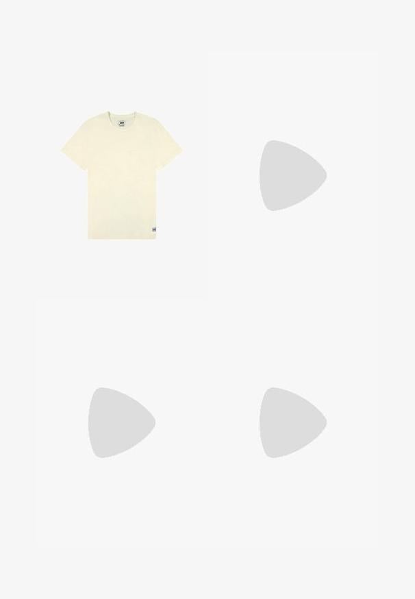 Camiseta de algodón color crema con cuello redondo clásico, mangas cortas y un solo bolsillo en el pecho. Presenta una pequeña etiqueta de marca en el dobladillo.; Pantalones de mezclilla azules con tirantes a rayas, que incluyen un bolsillo frontal y un patrón de rayas contrastantes en los dobladillos. Con tirantes ajustables.; Mocasines beige claro con puntera puntiaguda, material suave, una correa a través del empeine y una suela baja marrón. Diseño simple con acentos mínimos.; Gafas de sol rectangulares azules con lentes ahumados grises, montura de plástico, acentos metálicos y un acabado mate en las patillas.