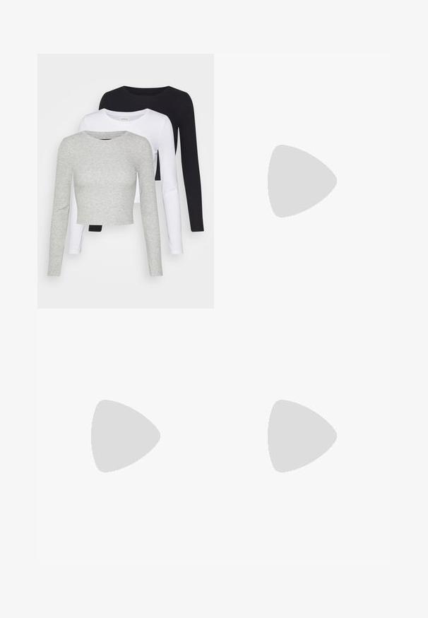 Even&Odd Petite 3 PACK - Hosszú ujjú felső - black/white/mottled grey; Széles szárú nadrág tompa zöld szövetből, elülső gombos záródással és sima textúrával. Nincs látható minta vagy kiegészítő.; Szürke velúr sportcipők fehér fűzővel, fekete csíkokkal és fehér gumitalppal. A nyelvén kör alakú logó található, illetve a talpa színes gumi.; Barna szintetikus tote táska két hosszú füllel, négyzet alakú fém díszítésekkel és diszkrét logóval. Világos krém szoknyával és szandálokkal viselve.