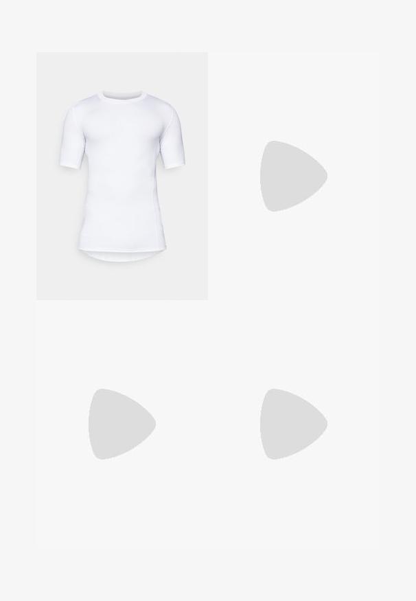 Valkoinen lyhythihainen suorituspaita, joka on valmistettu joustavasta materiaalista. Tässä on pyöreä kaula-aukko ja litteät saumat mukavuutta ja istuvuutta varten.; Siniset urheilushortsit, joissa on joustava vyötärö, keltainen yksityiskohta takana ja hillitty logo vasemmassa alareunassa.; Juoksukengät valkoisina ja harmaana, joissa on teksturoitu verkko-osa, kolmonen musta raita, kevyt muotoilu ja pehmustettu pohja.; Mustat Oakley-kierrekylmä aurinkolasit tummilla suorakulmaisilla linsseillä ja kaarevilla varsilla tasaisella valkoisella taustalla.