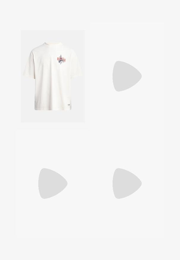 Cream cotton t-shirt with short sleeves and a crew neckline. Features a graphic print in blue and red with text and a motif.; Black athletic pants made of soft fabric with an elastic waistband, adjustable drawstring, and straight-leg design. No visible patterns or embellishments.; Black leather sneaker with white stripes, textured rubber sole, and lace-up front. Features a branded label on the tongue.; Black leather crossbody bag with a zip closure, embossed logo on the front, and adjustable strap. Smooth texture with a rectangular shape.