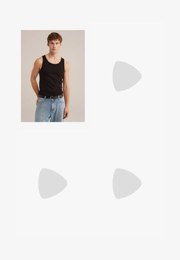 Svart ärmlös tanktopp i bomull; åtsittande design med rund halsringning; kombinerad med ljusblå denimjeans och ett svart bälte.; Beiga raka byxor med knappstängning, bälteshällor och frontveck.; Suedelik sandaliaslipp i ljusgrått med två justerbara spännen, en kork-mellansula och en texturerad gummisula.; Massimo Dutti GEOMETRIC - Solglasögon - dark brown