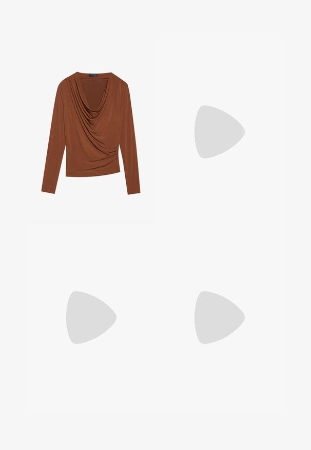Long-sleeve top in dark brown, featuring a draped neckline and gathered side details, made from smooth, stretchy fabric.; Beige tailored trousers with pleated front, wide legs, and a smooth texture. Features a classic waistband and side pockets.; White sneaker made of smooth synthetic material, featuring a rounded toe, lace-up design, flat sole, and subtle perforated detailing.; Brown suede tote bag with a soft texture, featuring a single shoulder strap and a subtle curved top opening. No visible hardware details.