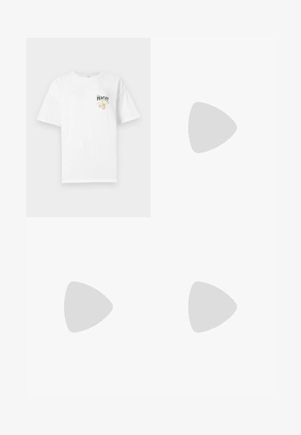 White cotton t-shirt with a relaxed fit, featuring a green and peach graphic with the text "Just Peachy" on the front. Short sleeves.; Beige wide-leg jeans made of cotton. Features a button closure, belt loops, and front pockets with a smooth, soft texture.; Black denim jeans with a loose fit and frayed hem, paired with sleek black slip-on shoes featuring a textured surface and cut-out detailing.; Black leather handbag with a curved shape, detachable strap, and gold hardware. The bag features a flap with a buckle detail.