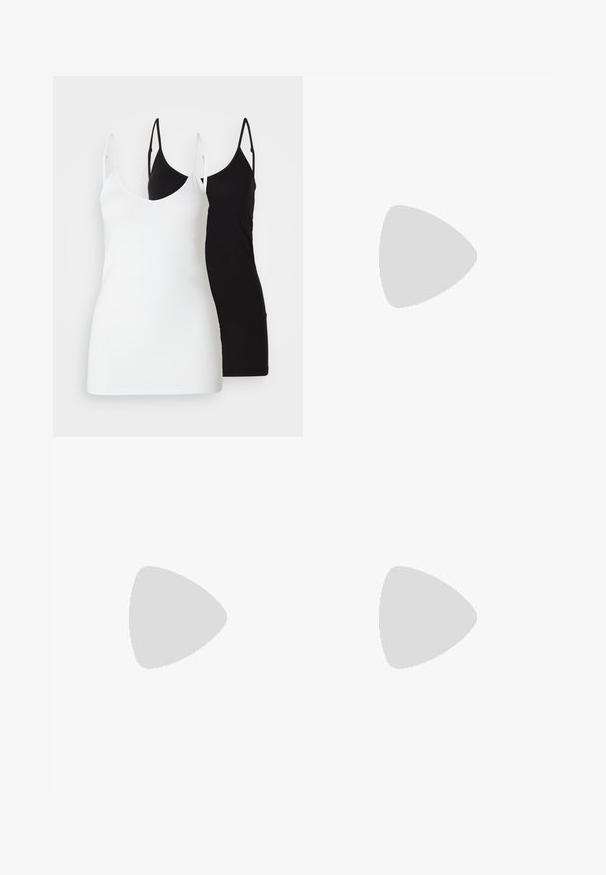 Divas divi sieviešu topi: viens balts, otrs melns, izgatavots no mīkstas auduma, ar plānām siksnām un dziļu V veida kakla izgriezumu.; Olive zaļas platās bikses no teksturēta auduma, ar augstu jostasvietu un krokām priekšpusē. Vienkāršs un brīvs dizains.; Burgundijas lakotas ādas kurpes ar kvadrātu degunu un potītes siksniņu, kombinētas ar gaiši ziliem plašiem džinsiem. Kurpēm ir spīdīga virsma.; Sudraba riņķveida auskari, ar gludu, pulētu virsmu. Divi pāri ar nedaudz atšķirīgu izmēru. Vienkāršs, apaļš dizains, viegli.