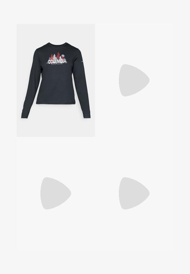 Hosszú ujjú, sötétszürke ing piros fákkal és hegyekkel díszítve; a "COLUMBIA" logó vastag fehér betűkkel. Puha anyag, klasszikus kerek nyakkivágás.; Fekete, slim fit nadrág sima textúrával, cipzáras zsebbel és klasszikus gombos záródással. Alkalmas mindennapi vagy félformális viseletre.; Szürke Columbia túracipő hálós felsőrésszel, struktúrált részletekkel, türkiz díszítéssel és strapabíró gumitalppal a tapadásért.; Fekete hátizsák lekerekített tetejével, tartós anyagból készült. Oldalsó hálós zsebekkel és esővédő címkével rendelkezik az alján.