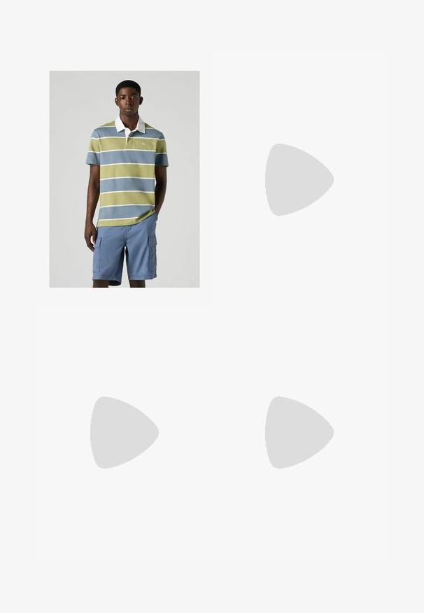 Short-sleeve polo shirt in green, blue, and white stripes, with a white collar and an embroidered logo. Paired with light blue cargo shorts.; Black denim shorts featuring a high waist, five-pocket design, copper buttons, and a raw hem. The fabric has a slight texture with fading.; White flip-flop with a textured footbed, slim straps, and a multicolored accent line on the sole. Features logo on the strap.; Three bandanas: one yellow with black patterns, one white with black designs, and one black with white graphics. All are square, lightweight fabric.