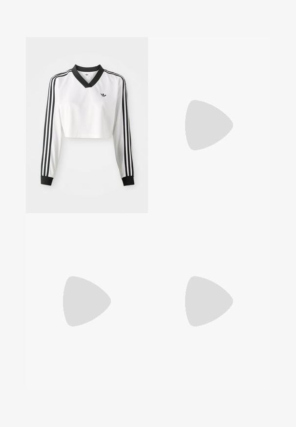 White long-sleeve cropped top with a black V-neck, contrasting black cuffs, and three black stripes on each sleeve. Small logo on the chest.; Black ribbed midi skirt with a fitted design, featuring white side stripes and a small white emblem on the left side.; Even&Odd Platform boots - black; Gold-colored hoop earrings, thin and round in shape, with a smooth metallic finish and no embellishments or patterns.