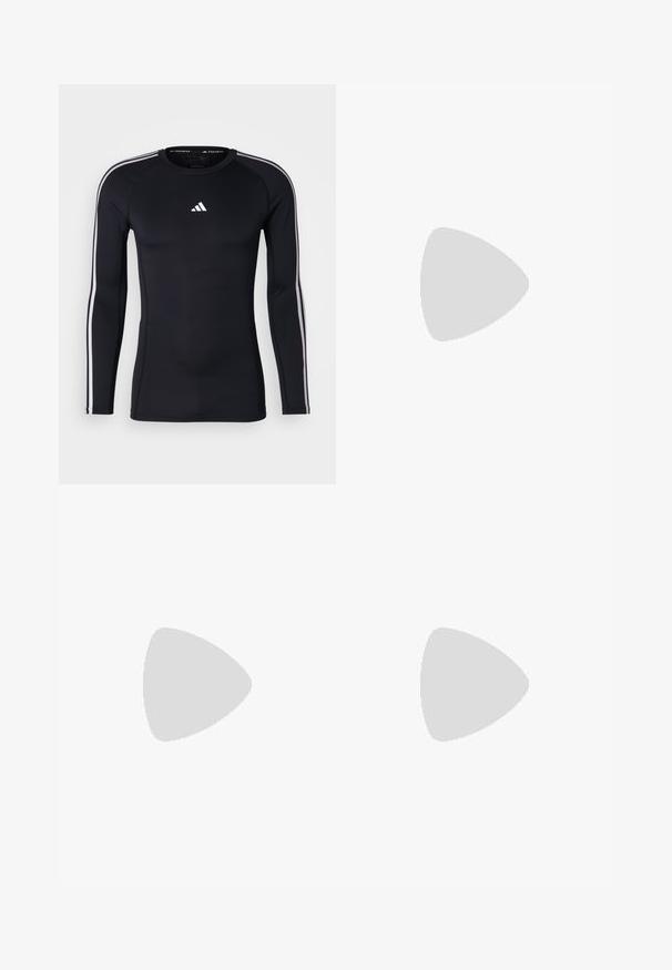 Črna dolga majica za športne aktivnosti s prilagojeno zasnovo. Na prsih je bel logo Adidas, ob ramenih pa bele črte.; Beige trenirke z toniranim reliefnim cvetličnim vzorcem, bočne panele v mornarsko modri in beli črti, elastičen pas in žepki na zadrgo.; Lahki tekaški čevlji v svetlo modri barvi z belimi črtami. Imajo gladek zgornji del, okroglo kapico in debel bel srednji podplat z označbo "LIGHTSTRIKE PRO."; Bele sončne očala iz bele plastike z velikimi ovalnimi lečami, v sivem odtenku. Imajo črne ušesne nastavke in majhen logo na okvirju. Gladek zaključek.