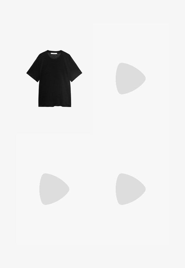 Black short-sleeve T-shirt with a round neckline, made of soft fabric, featuring a relaxed fit and subtle texture.; Light blue denim wide-leg trousers with a high waist, featuring two front pockets and a button closure. Smooth texture with minimal stitching.; Black leather open-toe slide sandal with a wide strap and a solid block heel. Features a smooth texture and minimal design.; White leather shoulder bag with a geometric gold clasp, flat design, and an elongated strap. Features clean lines and polished texture.