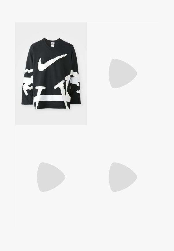 Black long-sleeve v-neck sweatshirt with large white Nike logo and abstract graphic design, featuring textured fabric and contrasting white panel.; Cream-colored sports shorts with an elastic waistband and drawstring. Features textured fabric and embroidered "Los Angeles Lakers" logo.; Silver and black athletic shoes featuring a mesh upper, cushioned sole, lace-up design, and side branding detail.; Sunglasses with a sleek, light gray plastic frame, wraparound design, dark lenses, and a smooth texture. Features minimal branding on the side.