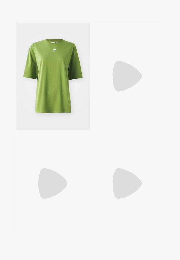 Grünes Baumwoll-T-Shirt mit kurzen Ärmeln, Rundhalsausschnitt und weißem Adidas-Logo auf der Brust. Glatte Textur, lässige Passform.; Hellblaue Jeansrock mit geradem Schnitt, vorderem Knopfverschluss und dezenten Nähten. V-förmiger Saum und keine sichtbaren Muster.; Schwarze Leder-Schnürstiefelette mit dickem, profiliertem Sohlen und gelben Nähten, aufgehängt vor einem gelben, kreisförmigen Hintergrund.; Flugzeugbrille mit einem verlaufenden blauen Glase, silbernem Metallrahmen und dekorativen Sternelementen auf dem Glas. Glattes und elegantes Design.