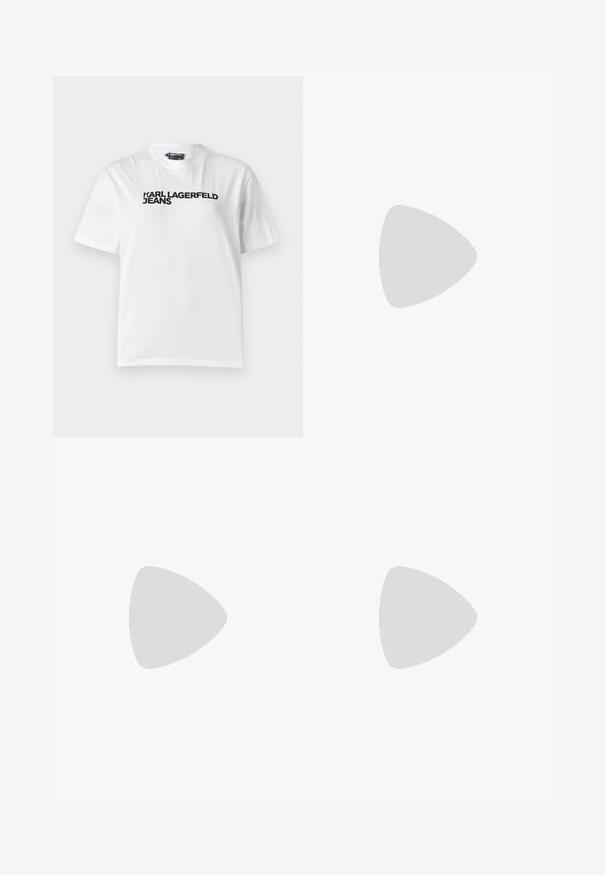 White cotton t-shirt with a crew neckline, short sleeves, and black printed text reading "KARL LAGERFELD JEANS" across the chest.; Black cargo pants made of soft fabric, featuring an elastic waistband, wide legs, and two side cargo pockets for storage.; White leather sneakers with a smooth texture, round toe, and flat rubber sole. Laces are visible, and sock cuffs are white.; Black leather handbag with a structured design, chain and handle accents, and a textured surface. Features a flap closure with branding visible.