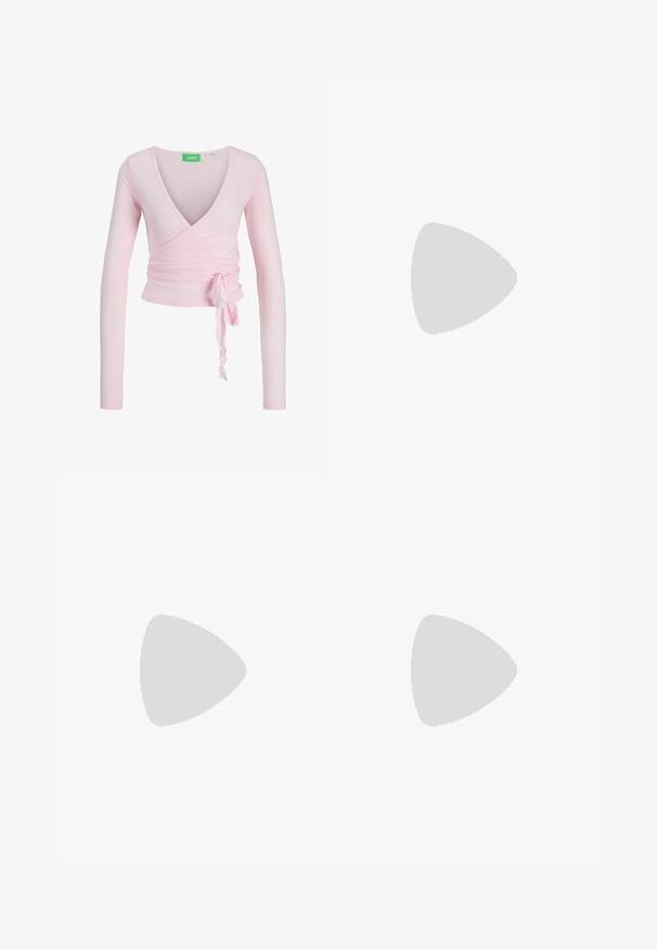 Light pink wrap top with a deep V-neck, long sleeves, and a tie detail at the waist. Made of soft, stretchy fabric.; Light blue sweatpants with purple side stripes, elastic waistband, and zippered pockets. Soft fabric and straight-leg design.; White flip-flop with a textured sole, featuring thin straps and a flat design. Made of rubber with a subtle logo on the footbed.; NA-KD 2-PACK BANGLE BRACELET - Bracelet - silver