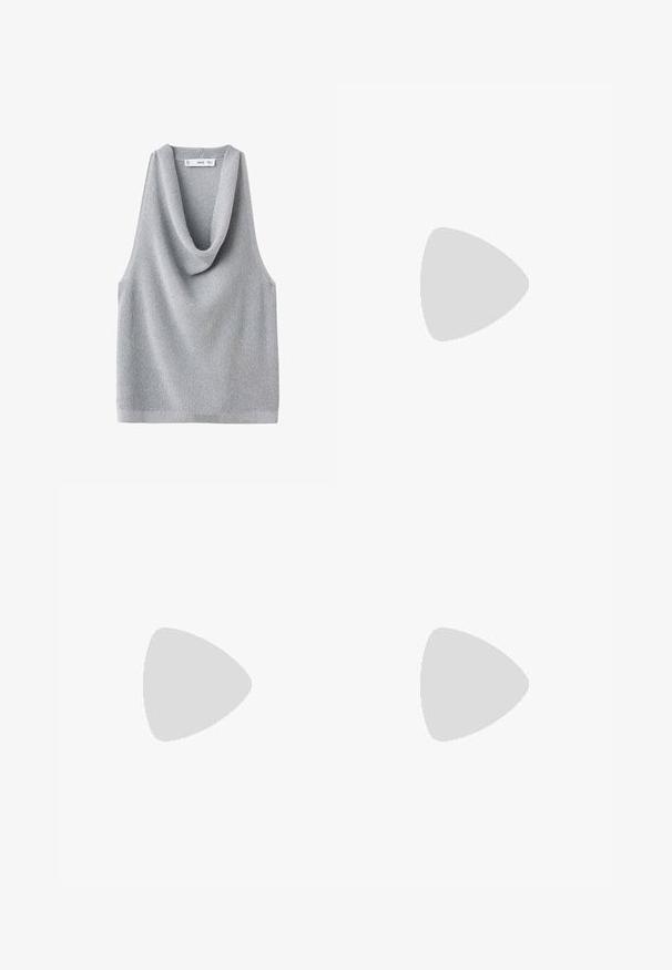 Top senza maniche grigio lavorato a maglia con scollatura drappeggiata. Tessuto testurizzato e vestibilità rilassata, con orlo dritto e dettagli minimi.; Pantaloni grigi chiari a gamba larga realizzati in un tessuto testurizzato con sottili righe verticali. Presentano una chiusura con zip frontale e passanti per la cintura.; Ballerine slingback argento con punta a punta e tacco basso. Finitura lucida in vernice con design a taglio sui lati e cinturino regolabile con fibbia.; Borsa a tracolla nera in pelle con una texture liscia, design minimalista e una sola tracolla curva. Apertura superiore, senza hardware visibile.