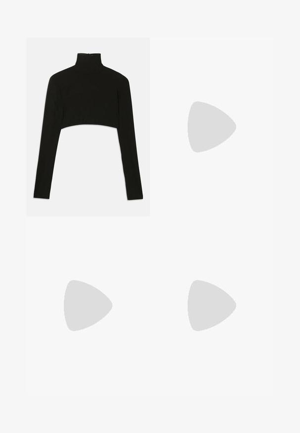 Crni skraćeni dugi rukav top s visokim ovratnikom. Izrađen od rastezljivog materijala, ima zatvaranje na stražnjem dijelu i bočne proreze.; Crna olovka suknja s glatkom teksturom, s dijamantnim uzorkom reflektirajućih ukrasnih elemenata duž bočnih šavova. Prilagođeni kroj.; Crne slingback cipele s visokom potpeticom i špicastim prstom, od glatke kože s elegantnim, minimalističkim dizajnom. Visoka stiletto potpetica.; Crna kožna torba s okruglim oblikom, mekim teksturom i čvorastom ručkom s zlatnim metalnim detaljima. Zatvaranje na patentni zatvarač.