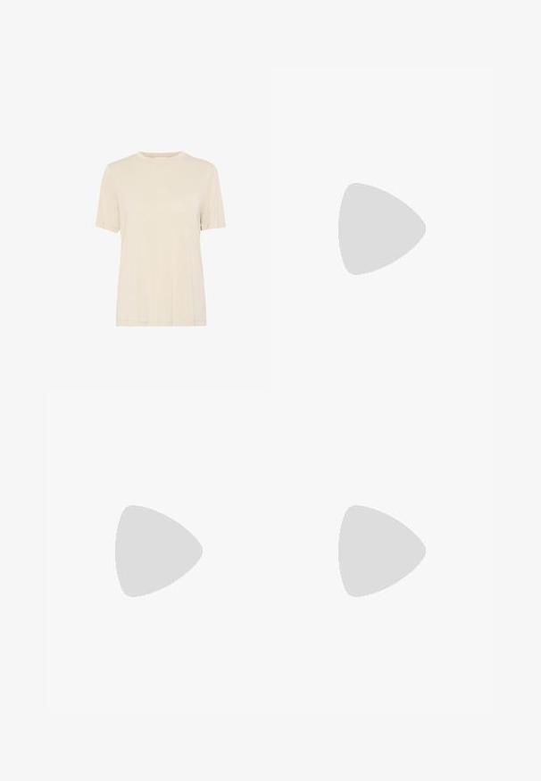T-shirt beige à manches courtes en tissu doux. Présente un col rond, un design simple et une coupe droite avec des détails de couture soignés.; Pantalon large beige en coton. Il dispose d'un zip, d'un bouton à l'avant et de deux poches plaquées à l'arrière. Ourlet propre sans embellissements.; Chaussures à talons hauts en cuir blanc avec un embout pointu et un large talon carré. Surface texturée avec un intérieur lisse.; Sac à épaule blanc avec une finition texturée, une accentuation par une boucle centrale et une forme courbée. Fermetures éclair des deux côtés.