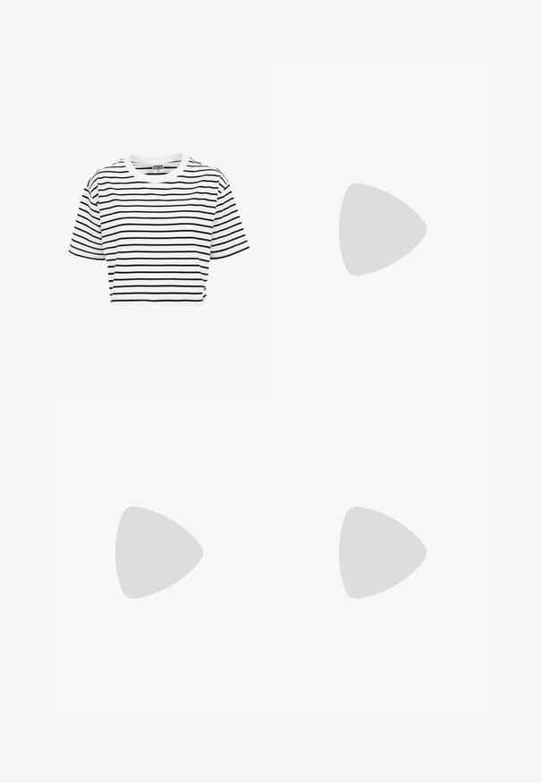 White cropped t-shirt with black horizontal stripes, round neckline, and short sleeves. Made of cotton fabric, smooth texture.; White ribbed tank top paired with a knee-length olive green wrap skirt featuring a tie at the waist. Smooth, lightweight fabric.; Sport shoes with a white leather upper, gray suede toe, and three black stripes. Features a blue logo on the tongue and a textured rubber sole.; Brown leather shoulder bag with curved shape, gold hardware, top clasp detail, and a logo accent. Smooth texture with stitched edges.