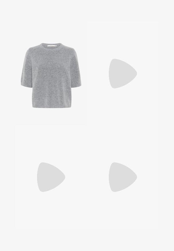 Gray short-sleeve sweater made of soft, textured fabric with a round neckline and a relaxed fit. Lightweight and versatile design.; Black denim culottes with a high waist, two front pockets, and a straight, wide leg design. Durable fabric with minimal stitching details.; Silver sneakers with white accents, featuring three stripes, a rounded toe, and a gum rubber sole. Textured metallic material.; Quilted dark brown tote bag with two large front pockets, leather handles, and small gold brand label at top center.