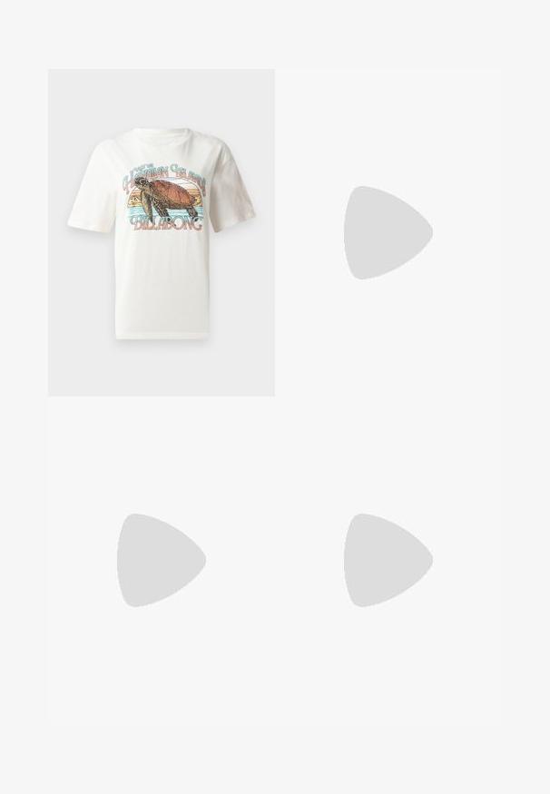 Hvit bomulls T-skjorte med et grafisk design av en skilpadde og fjell, med teksten "Besøk de hawaiianske øyene Billabong" i fargerik skrift.; Blå bomullsshorts med rynket midje og sidelommer, med et teksturert stoff og en avslappet passform.; Lys myntegrønne kanvas-sneakers med gummitåhætte, hvid stjernesymbol og elfenbensfarvet gummisål. Har et klassisk snørebånd-design.; Brun kvart-zip fleece genser med brodert logo, med en svart rund crossbody bag med glidelås og logodetalj, båret over denim.