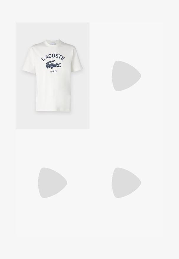 Balta medvilninė marškinė su trumpomis rankovėmis, su tamsiai mėlynu Lacoste logotipu ir krokodilo grafika, esančia centre ant krūtinės. Minkšta tekstūra.; Žali ir balti dryžuoti maudymosi šortai su elastine juostele, reguliuojamu raišteliu ir mažo logotipo detalėmis kairėje apatinėje pusėje.; Lengvas sportinis batelis su tinklinio ir zomšinės viršutine dalimi švelniu kremo atspalviu, turi masyvų pado dizainą ir trimatį akcentą.; Rudas ketvirčio užtrauktuko vilnos švarkas su siuvinėtu logotipu, derinamas su juodu apvaliu per petį nešiojamu krepšiu su užtrauktuku ir logotipo detale, dėvimas virš džinsų.