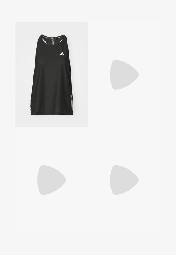 Schwarzes ärmelloses Sportoberteil mit rundem Halsausschnitt. Besondere Merkmale sind ein weißes Logo und drei weiße Streifen an den Seiten; aus atmungsaktivem Material gefertigt.; Schwarze Sportshorts aus elastischem Material, mit hohem Bund, taillierter Form und weißem Adidas-Logo auf der linken Seite.; Weiße Sportschuhe mit schwarzen Streifen und Branding, ausgestattet mit einem oberen Mesh, abgerundeter Zehenpartie und dicke cremefarbene Sohle für Dämpfung.; Runder silberner Uhr mit lilafarbenem Silikonarmband. Das Ziffernblatt zeigt konzentrische Kreise in schattierten lila Tönen mit verschiedenen Messmarkierungen.