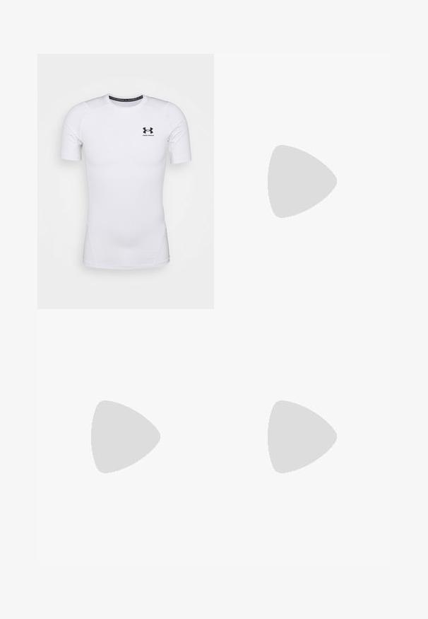 Camisa justa de manga curta branca, feita de tecido elástico. Possui um logotipo preto da Under Armour no peito e uma superfície lisa e texturizada.; Calças brancas feitas de tecido liso, com um design de perna reta, fecho frontal de botão e dois bolsos laterais inclinados.; Sapatilha de corrida Nike cinza e preta com um sistema de amortecimento semelhante a molas visível sob a sola e um logo swoosh branco na lateral.; Óculos de sol com armação metálica prateada e lentes cinza. O design é angular, apresentando hastes esguias com pontas pretas e detalhes texturizados.