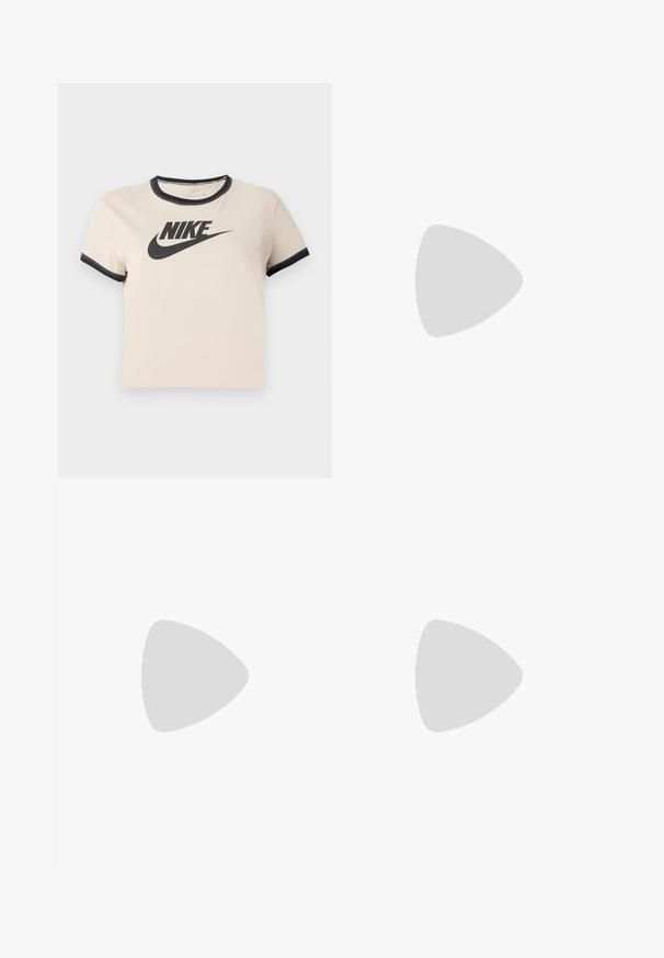 T-shirt en coton beige clair avec un col rond et des poignets noirs. Présente un logo Nike noir bien visible à l'avant.; Pantalons marron à jambes larges en tissu texturé avec un motif subtil. Ils présentent une taille lisse et tombent lâchement des hanches.; Baskets Nike Air Force 1 noires avec une tige en cuir lisse, accent de logo blanc, bout perforé et semelle en caoutchouc texturé.; Pochette noire Nike avec fermeture éclair, tissu texturé, accents marron et bandoulière détachable. Arbore un logo Nike bien en évidence à l'avant.