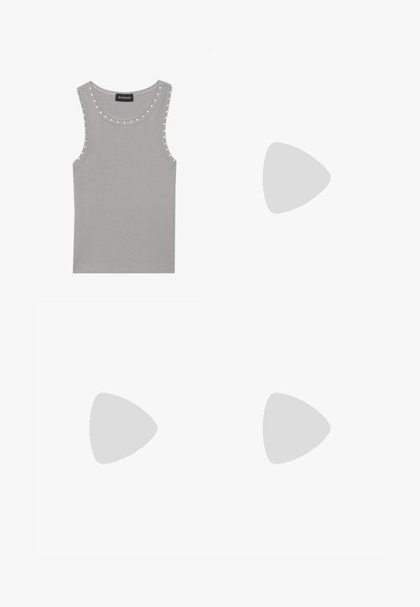 Gray sleeveless top made of ribbed fabric, featuring a rounded neckline with white dot accents along the edges. Clean hem finish.; Brown midi skirt with an elastic waistband, featuring floral sequin embellishments, pleated design, and a smooth fabric texture.; Brown suede flip-flop with a single strap featuring gold studs, black outsole, flat design, and simple, minimalistic shape.; Black leather crossbody bag with two front zip pockets, a structured shape, adjustable strap, and textured surface.
