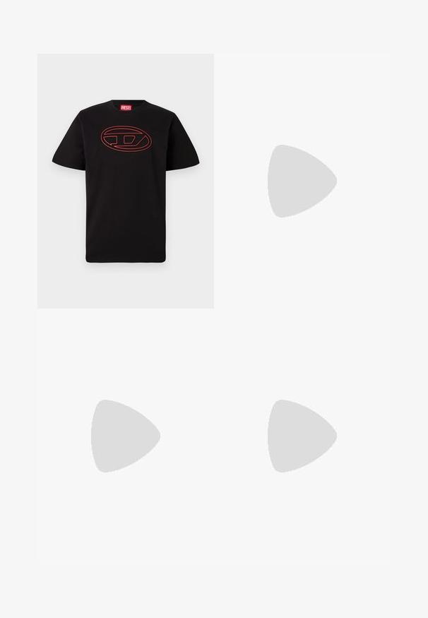 Svart bomull T-skjorte med korte ermer, med en rød omrisset oval logo på brystet. Rund halsdesign.; Beige bomullstreningsbukser med elastisk midjebånd og brodert logo. Rett ben design med en jevn tekstur og subtile stikningsdetaljer.; Hvit løpesko med grå detaljer, buet form, teksturerte materialer og dekorative linjer. Har en polstret krage og snøring for justering.; Sorte rektangulære solbriller med tynn metallramme og mørke, tonede linser. Har et minimalistisk design og slanke-armer.