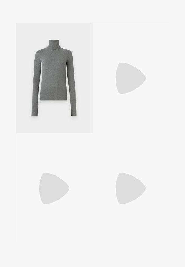 Gray turtleneck shirt made of smooth, stretchy fabric. Long sleeves, fitted design, minimal texture, with no visible patterns or hardware.; Olive green wide-leg trousers with a smooth texture, featuring two gold-tone buttons at the waistband and a clean, tailored silhouette.; Black suede and leather sneaker with a cream side swoosh and light cream heel. Features beige laces and a gum rubber outsole.; Black faux leather handbag with a crocodile texture, cinched top, and a scrunched strap. Appears soft and compact in design.