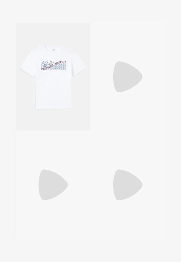 Tricou alb din bumbac cu un grafic colorat al unui roata rusească și al unei montagne russe, având textul "PS Paul Smith" în roșu și albastru.; Pantaloni roz, cu picioare largi, confecționați dintr-un material ușor, având ciorchini strălucitori în modele roz și cupru, cu un elastic în talie.; Sneaker de tip low-top de culoare alb murdar, cu brâu de legare, căptușeală interioară albă și o margine subtilă multicoloră pe marginea talpii, vedere laterală.; Geantă din piele quilted neagră cu o curea din lanț auriu, având un detaliu circular pentru închidere. Formă compactă și rectangulară, cu o textură netedă.