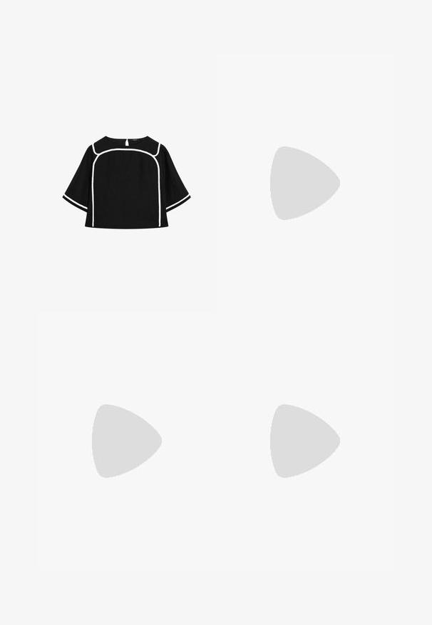 Blusa nera in lino con rifiniture bianche a contrasto, scollo rotondo e maniche corte e larghe. L'apertura a chiave sul retro aggiunge dettaglio.; Massimo Dutti FLOWING PALAZZO WITH DARTS - Pantaloni - black; Infradito in gomma nera con cinturino testurizzato e suola piatta semplice, mostrati di lato su uno sfondo chiaro e uniforme.; Occhiali da sole rettangolari neri con lenti grigie, realizzati in plastica liscia. Presentano un design minimalista con steli dritti e un branding discreto.