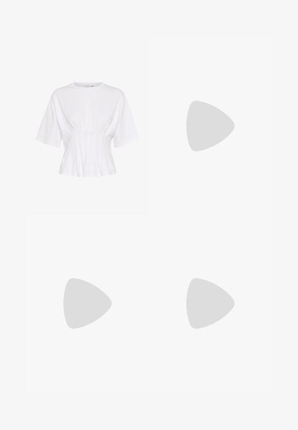 White short-sleeve top made of soft fabric, featuring a round neckline and gathered detailing at the waist for a fitted look.; Pleated skirt in light blue fabric with floral print featuring green and white flowers; subtle sheen and contrasting textured hem.; Black leather slingback shoe with a pointed toe, featuring a silver logo accent and a small heel. Smooth texture and minimalist design.; Black leather handbag with a structured design, featuring a cropped shape, top handle, and gold hardware accent. Adjustable shoulder strap included.