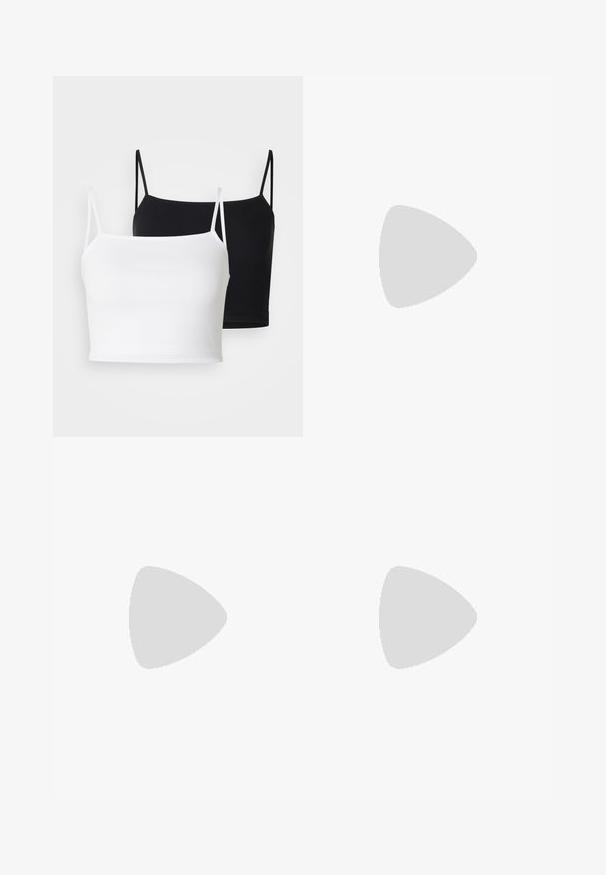 To ribbede camisoles i hvid og sort, med tynde justerbare stropper og en cropped design. Blødt stof med en glat tekstur.; Marineblå bredbenede bukser fremstillet af glat stof, med flad front og to folder, bæltestropper og klassisk talje.; Sorte læder platform loafers med en rund tå og en bred rem over forfoden. Har en kraftig, kvadratisk hæl og en glat tekstur.; Gyldne snoede hoops øreringe med en glat, blank finish og en sikker post-baglukning, der viser et fletningsdesign.