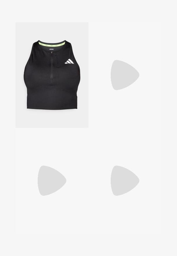 Zwarte atletische crop top met een ritssluiting aan de voorkant, gemaakt van gladde stof. Heeft een groene binnenhalslijn en een wit logo aan de zijkant.; Lichtpaarse legging met een hoge tailleband, een soepele textuur, zijzakken en een klein wit logo op het onderbeen.; Hardloopschoen met een lichtgewicht crèmekleurige bovenkant, blauwe branding en oranje accenten op de zool. Mesh textuur voor ademend vermogen.; Zwarte rechthoekige zonnebril met donkere lenzen. Heeft een gladde kunststof montuur en logo-detail op de tempel. Strak, modern ontwerp.