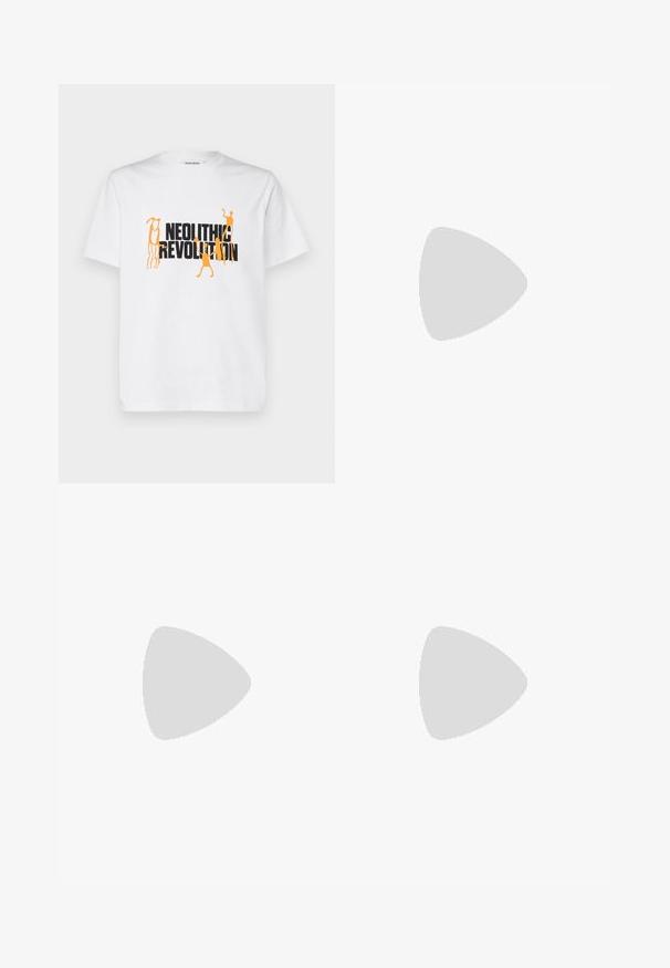 White cotton t-shirt featuring bold black and orange graphic text reading "NEOLITHIC REVOLUTION" with abstract human figures.; Light blue striped pajama pants with an elastic waistband and drawstring. Made of a smooth fabric, featuring a relaxed, straight-leg design.; White and black sneakers with a smooth leather upper, textured accents, and a chunky white sole. Features a classic lace-up design.; Black rectangular sunglasses with dark lenses, thick plastic frame, gold accents on temples, and brand logo engraved on the arm.