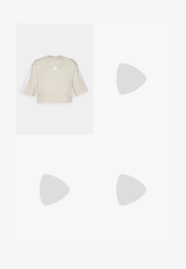 Beige, verkürztes T-Shirt aus weicher Baumwolle. Es hat einen runden Ausschnitt, oversized kurze Ärmel und drei weiße Streifen an beiden Ärmeln.; Weiße Jogging Shorts mit einem elastischen Bund und Kordelzug. Mit schwarzen Logo-Akzenten an den Seiten. Glatte Textur, knielanger Schnitt.; Lila Sportschuh mit Mesh-Obermaterial, weißen Streifen, rosa und schwarzen Akzenten, gepolstertem Kragen und strukturiertem Sohle, entworfen für Leistung.; Schwarze Sonnenbrille mit glänzender Oberfläche, ovalen Gläsern und eckigen Rahmen. Das Design zeichnet sich durch dicke Bügel und eine schlanke Silhouette aus.