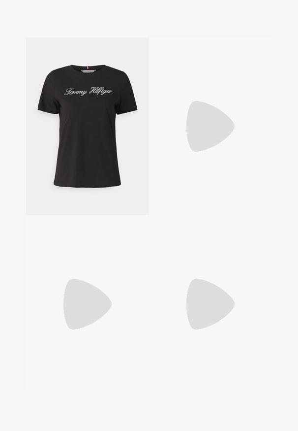 Tommy Hilfiger SCRIPT REGULAR - Print T-shirt - black; AllSaints BLAKE - Wide Leg - sand grey; Tommy Hilfiger CREST SQUARISH - Moccasins - black; Tommy Hilfiger ESTABLISHED - Handbag - black