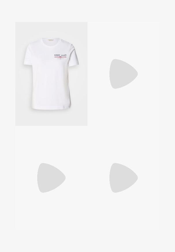 Weißes Baumwoll-T-Shirt mit Rundhalsausschnitt, kurzen Ärmeln und einem Logo auf der Vorderseite, das "GANT 1949" in Marineblau und Rot zeigt, mit horizontalen Streifen.; Bunt gemusterter Rock mit einem kräftigen Karomuster aus orangefarbenen, grünen, blauen und braunen Quadraten. Entworfen mit einem geraden Schnitt und seitlichen Akzenten.; Schwarze Ledersneaker mit glatter Textur, weißer Gummisohle, goldenen Akzenten an der Ferse und den Ösen, mit einem Logo an der Seite.; Schwarze Lederhandtasche mit metallisch goldenem Logo. Verfügt über zwei Oberhandgriffe und einen abnehmbaren Trageriemen mit schwarz-weißer Markenbezeichnung. Glatte Textur.