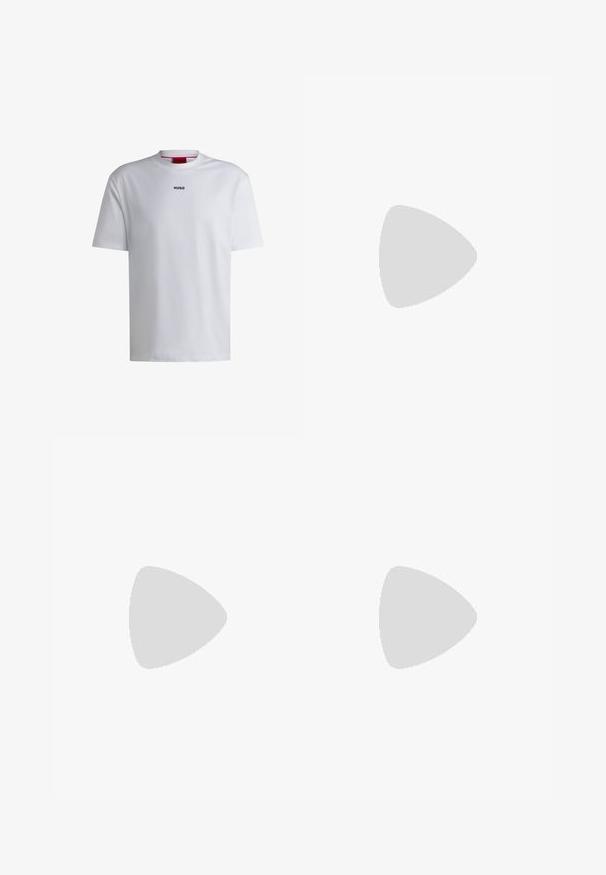 White cotton t-shirt with short sleeves, round neckline, and a black "HUGO" logo on the chest. Smooth texture, casual fit, no patterns.; Patterned shorts in green and black with a snake-inspired design, featuring a black drawstring waist and contrasting black hem.; Black ankle boot with a smooth finish, elastic side panels, and a contrasting red pull tab, featuring a thick rubber sole and rounded toe.; HUGO Sunglasses - black