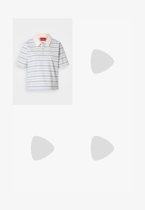 Short-sleeve polo shirt in cream with blue and brown horizontal stripes, featuring a buttoned collar and a small logo on the left chest.; Dark blue denim shorts with a straight cut, front pleats, a button closure, and two side pockets. Smooth texture with subtle stitching.; Beige suede knee-high boot with a pointed toe and stacked heel, featuring subtle stitching details along the sides.; Stradivarius Sunglasses - brown