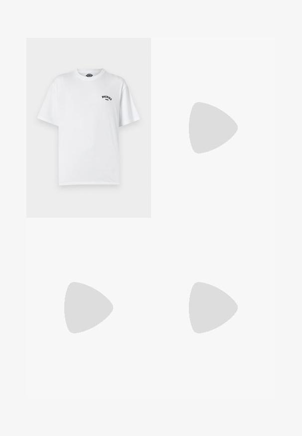 Dickies PIZZA - Print T-shirt - white; Dark wash denim pants with a straight leg. Features two front pockets with orange stitching and a small logo near the hem.; Black low-top sneakers with white laces and stitching, paired with loose beige cargo pants, standing on blue carpet.; Dickies BLANCHARD UNISEX - Bum bag - black