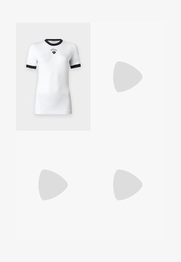 Valge lühikeste varrukatega T-särk musta krae ja ääred, millel on rinnal "GUESS" tekst ja roosi graafika.; Tumedad sinised laiad püksid, mis on valmistatud denimist, klassikalise viie-tasku disainiga, nööbiga kinnitatud ja peente õmblustega.; Kõrged mustad nahast saapad, millel on stiilne disain, terav nina ja kuldne kett aktsent pahkluul. Madal plokk-konts. Sile tekstuur.; Must küllastatud nahast õlakott, millel on kumer kuju, hõbedase kolmnurkse logo ja tõmblukuga sulgemine. Sile tekstuur ja õhuke rihm.