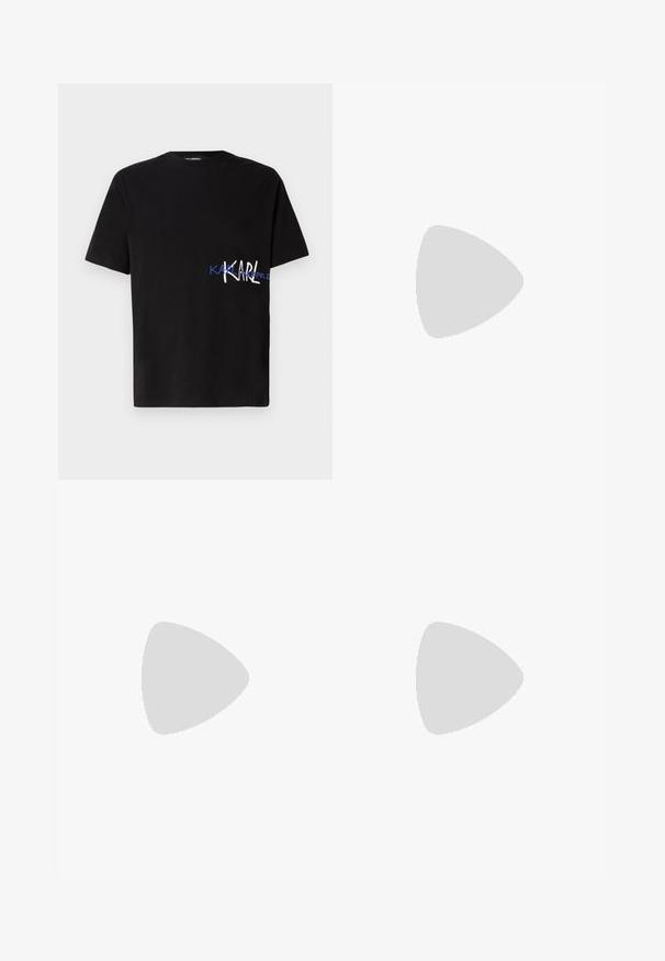 Black cotton t-shirt with short sleeves, featuring a graphic design with "KARL" in white and blue on the left side. Crew neck style.; Black denim jeans with a straight leg design, featuring five pockets, a button closure, and light distressing. Classic stitching details.; White sneakers with a black heel accent and logo, featuring a graphic design on the side and a thick, transparent sole.; Black rectangular bag made of textured material, featuring a zip closure, adjustable strap, and a logo patch on the front.