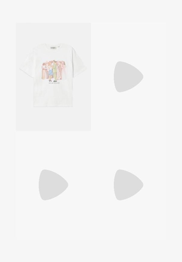 White cotton t-shirt featuring a colorful graphic illustration of a group of people, with the text "HOW I MET YOUR FATHER" below.; Denim shorts in dark blue, wide-cut design with a belted waist featuring metallic grommets, finished with contrasting stitching and a side chain.; White sneaker with suede accents, rounded toe, flat laces, and a cream rubber sole. Features green branding on the heel.; Black leather shoulder bag with a smooth texture, rectangular shape, and a long strap; features a small white logo at the center.